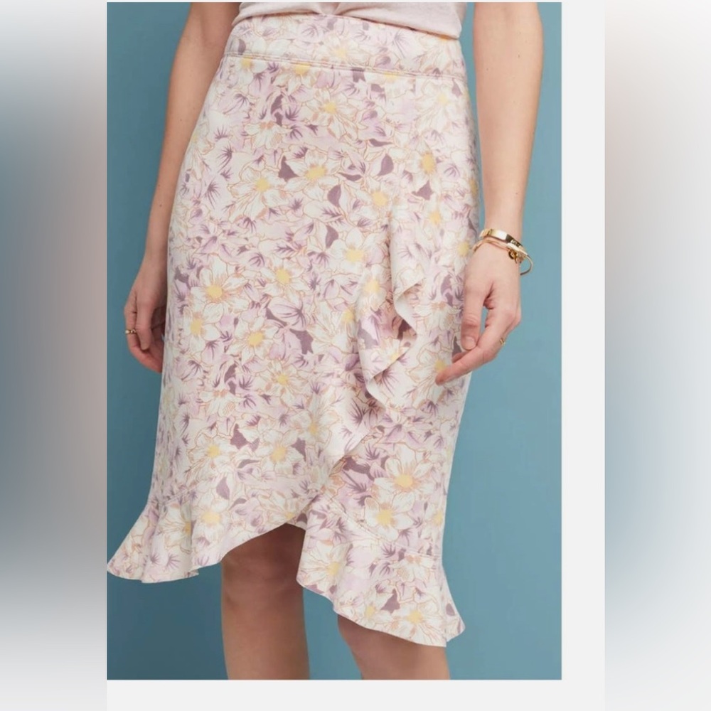 🆕 NWT by Anthropologie Skye Floral Lavender/Cream Ruffle Faux Wrap Skirt Sz 12